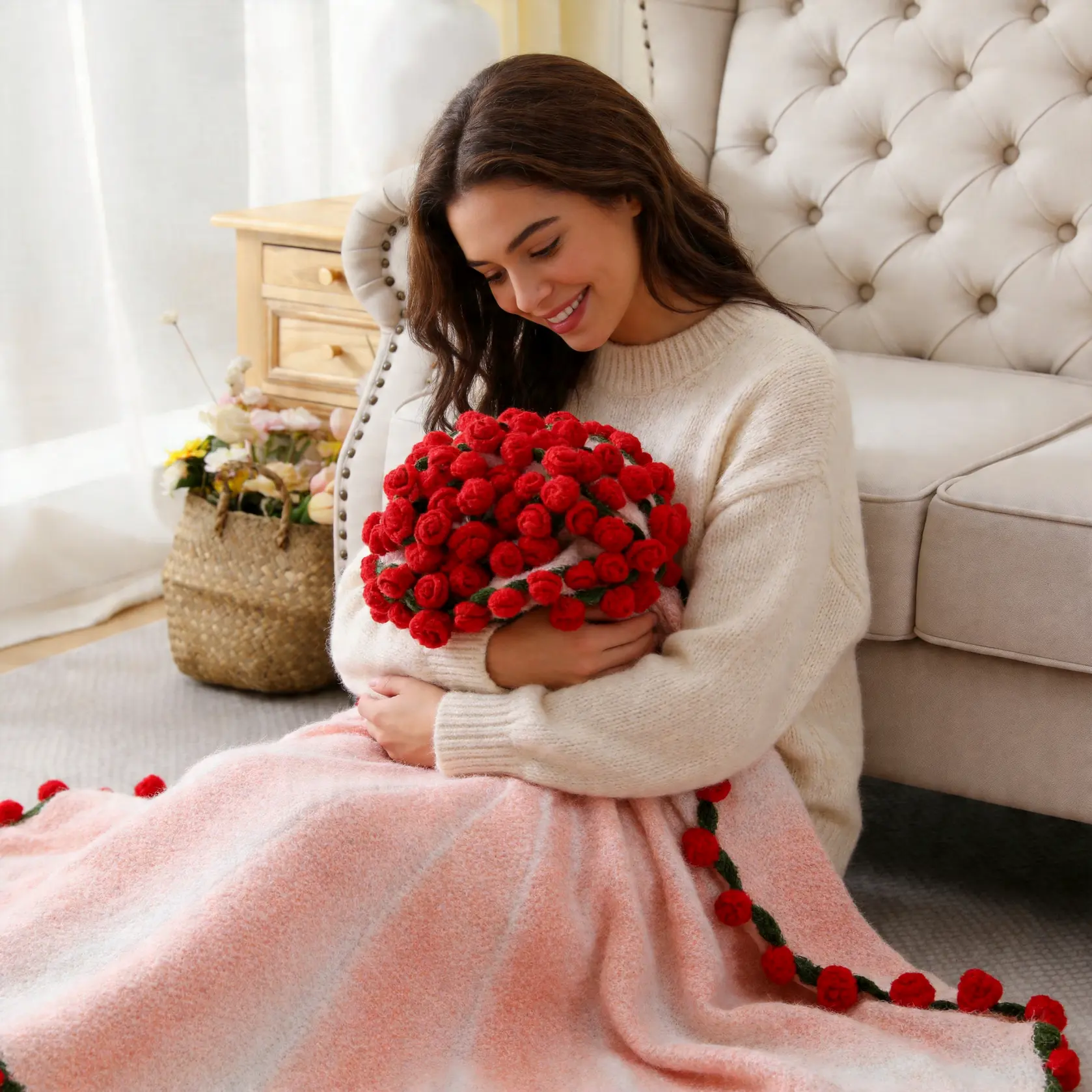 【Back to School】Crochet Flowers Bouquet Blanket, Handmade Rose Knitted Blanket, Romantic Gift for Girlfriend, Birthday, Anniversary, Wedding, Home Decor, Bed, Sofa, Sun Flower,Lily of the Valley#Summervibes
