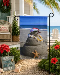 Beach Snowman Garden Flag – Funny Coastal Christmas Decor, Santa Hat Sand Snowman Beach Decor