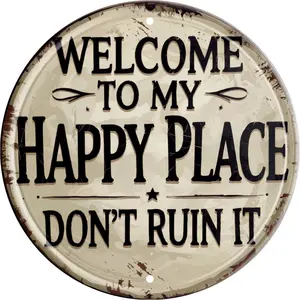 Welcome Sign for Front Door Round Metal Welcome to My Happy Place Plaque for Home Office Bedroom Kitchen Dining or Bar Decor 8x8 In