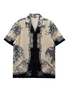 Vintage Horse Pattern Print Shirt, Menswear, Casual Comfy Collared Fitted Short Sleeve, Tropical Hawaiian Style, Summer Vacation Wear, Artistic Fashion, Artistic Flair