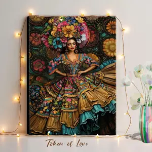 Mexico Wall Art, Winter Wall Art, Christmas Decorations Woman In Colorful Dress, Flower Headpiece, Floral Pattern - Floral, Vibrant, Traditional Mexican, Colorful Folk Art Style, Wall Decor Poster for Room, Wood Framed Canvas Painting Photo Ornaments Arti