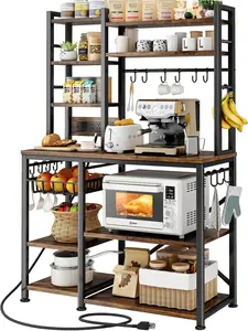 SNTD Baker Rack with Power Outlet - Microwave Stand with Storage, Large Coffee Bar Station with 14 Hooks, Metal Kitchen Shelf Rack for Spices, Pots (Rustic Brown) | with Power Outlet, with Storage, with 14 Hooks, for Spices, for Pots