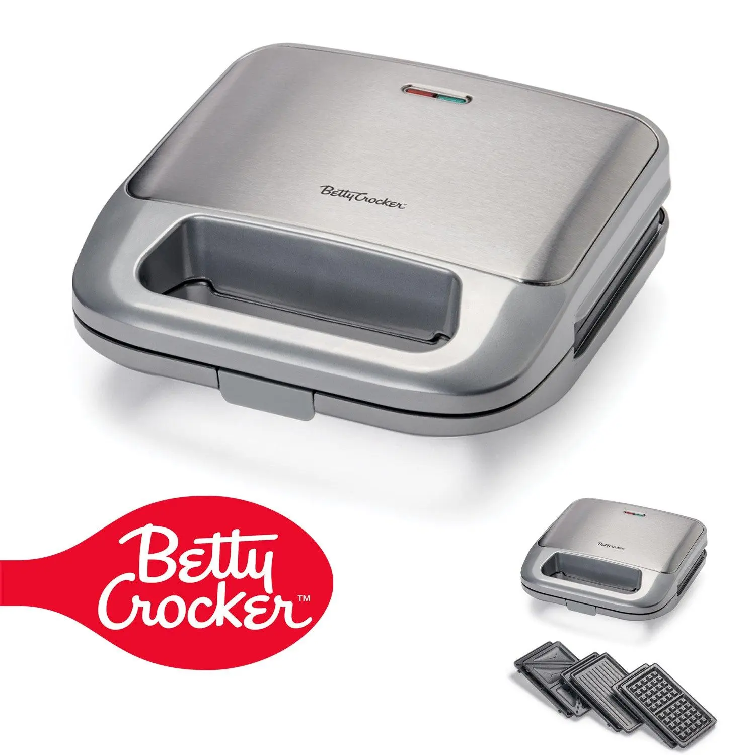 Betty Crocker 3-in-1 Indoor Grill, Sandwich / Panini Press & Waffle Maker Plus, Electric Grill Indoor with Interchangeable Non-Stick Plates, 750 Watts, BC-4965S, Silver