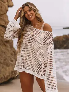Women's Hollow Out Asymmetrical Neck, Summer Clothes Women Solid Long Sleeve Top, Ladies Clothes for Beach Holiday, Beach Cover Ups, Swimsuit Cover Up