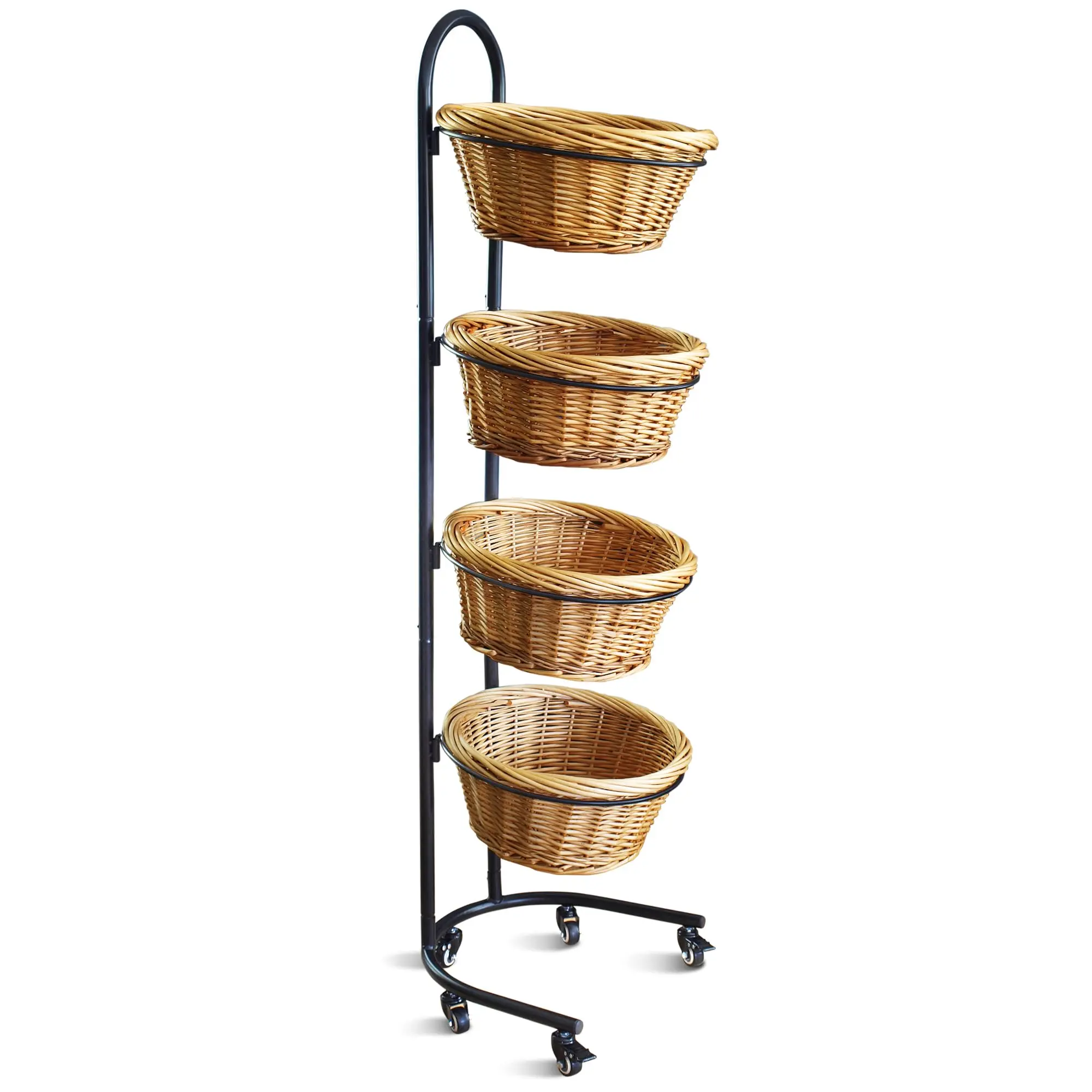 4 Tier Wicker Basket Display Stand for Retail with Wheels and Sign Clips | Metal Market Display Rack Basket Stand, Farmers Market Display with Baskets
