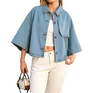 PiePieBuy Women's Trending Cropped Jean Jacket - Oversized Shacket, Button-Down 3/4 Sleeve Basic Casual Tops with Pockets