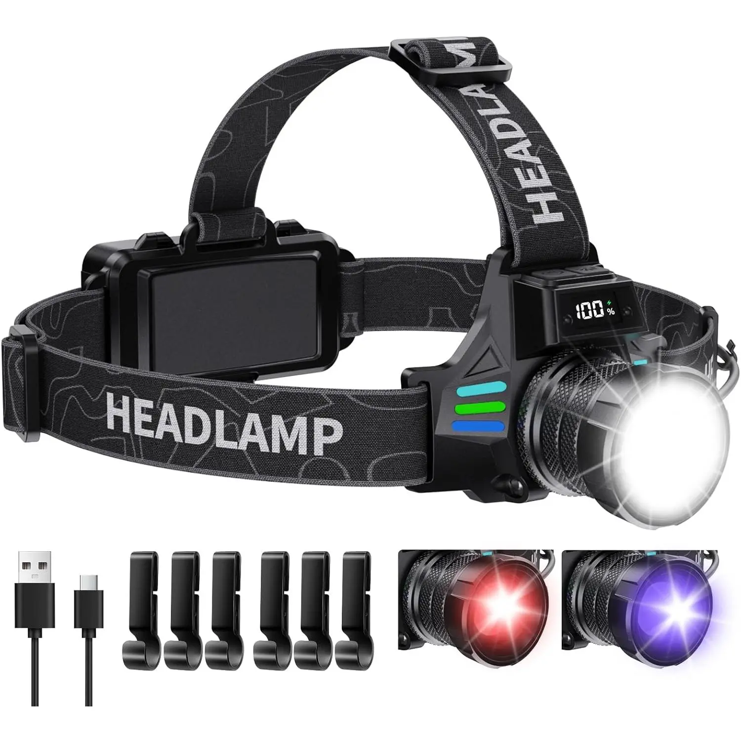 Headlamp Rechargeable with White/Red/UV/Black Light Headlight,1080 High Lumens Super Bright LED Headlamps Battery Powered,16 Modes Waterproof Head Lamp for Hardhat Hunting Pet Urine Detection