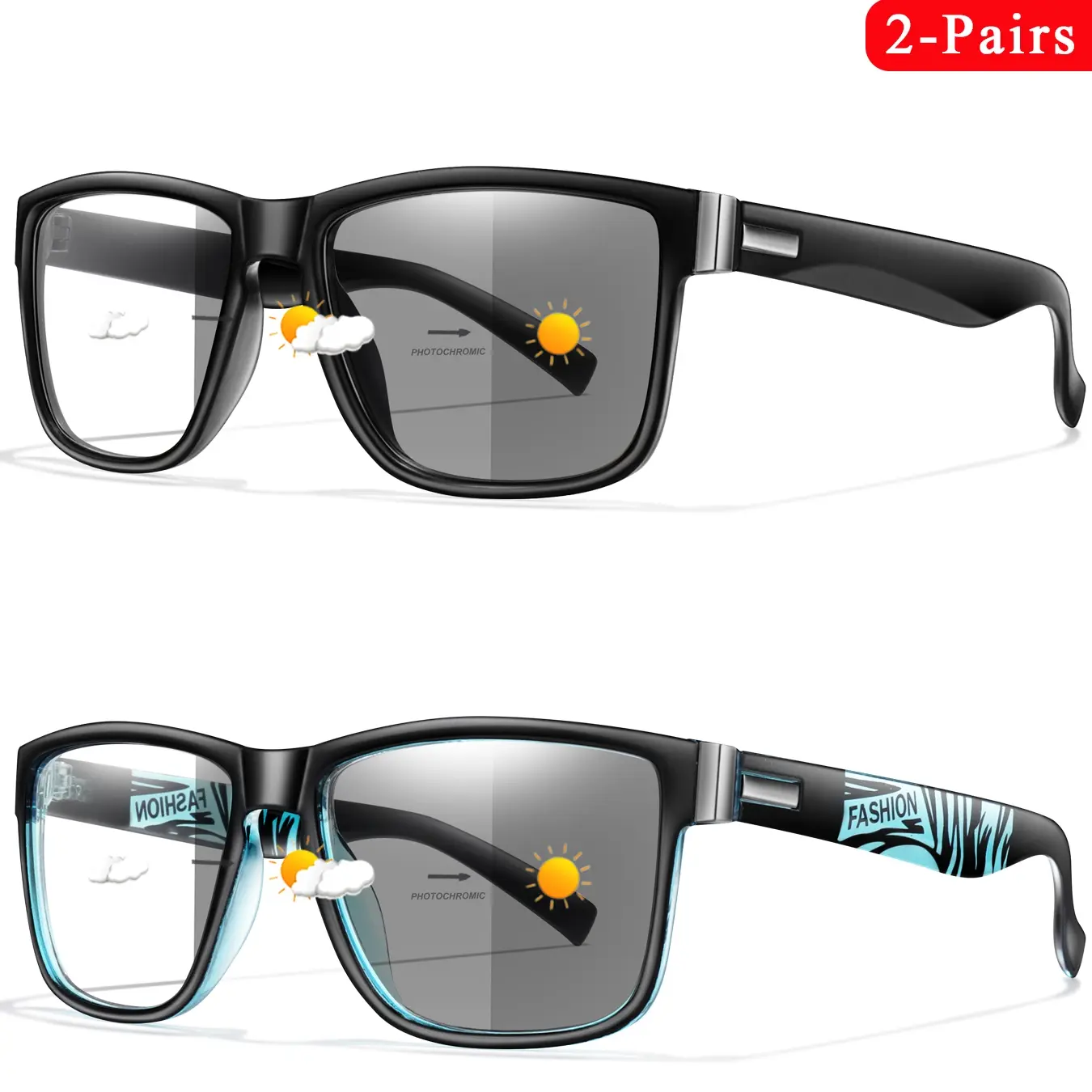 2 Pack Photochromic Fashion Reading Glasses, Classic Blue Light Blocking Frames, PC Frame & Lens, Fda Registered Multi-Pack, High Definition Glasses, Photochromic Eyeglasses, High Quality Eyewear