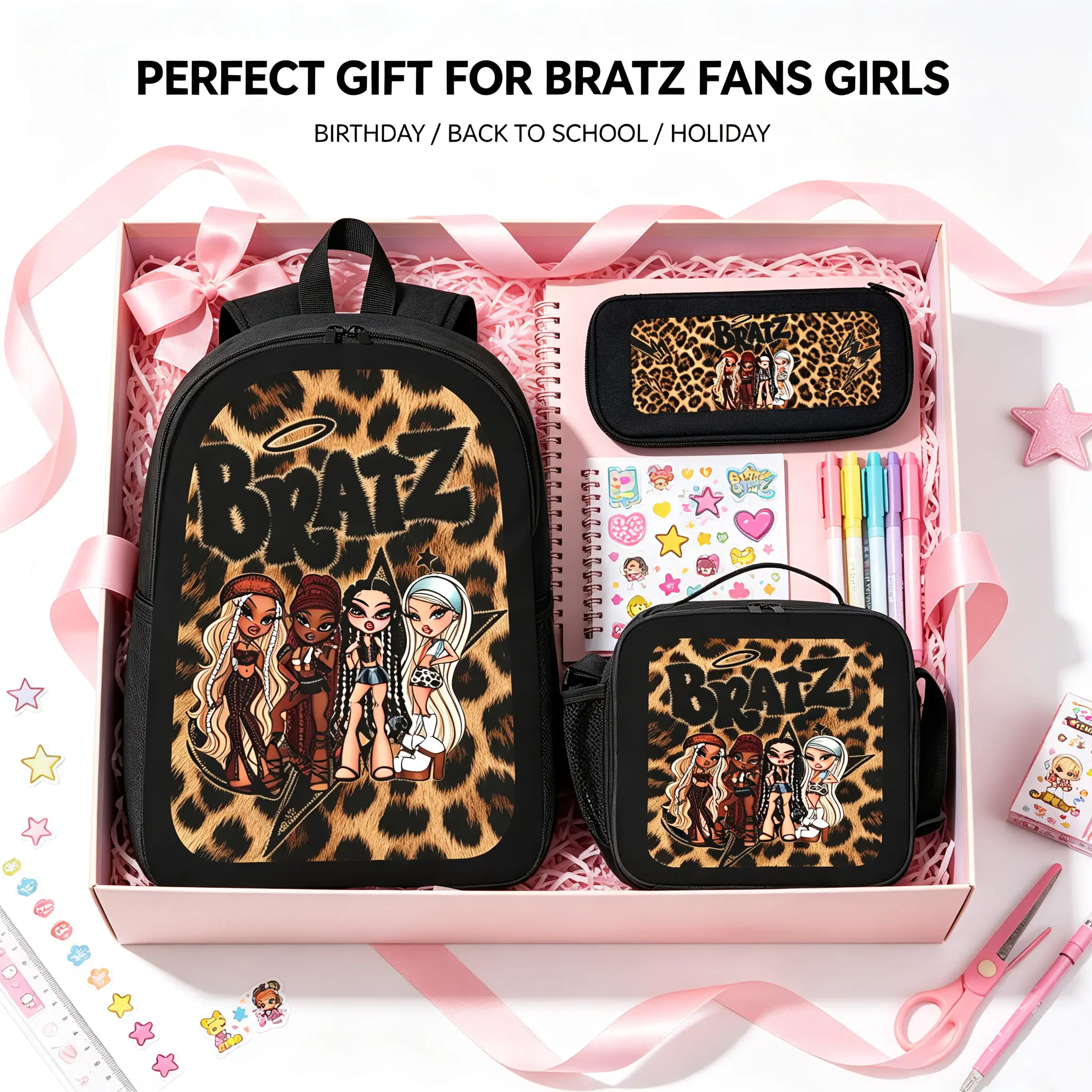 BRATZ Backpack Set 3-Piece for Girls Teens - Y2K Leopard Graphic Large-Capacity Lightweight School Backpack with Insulated Lunch Box and Pencil Pouch, Multi-Function Travel Daypack, Trendy Fashion