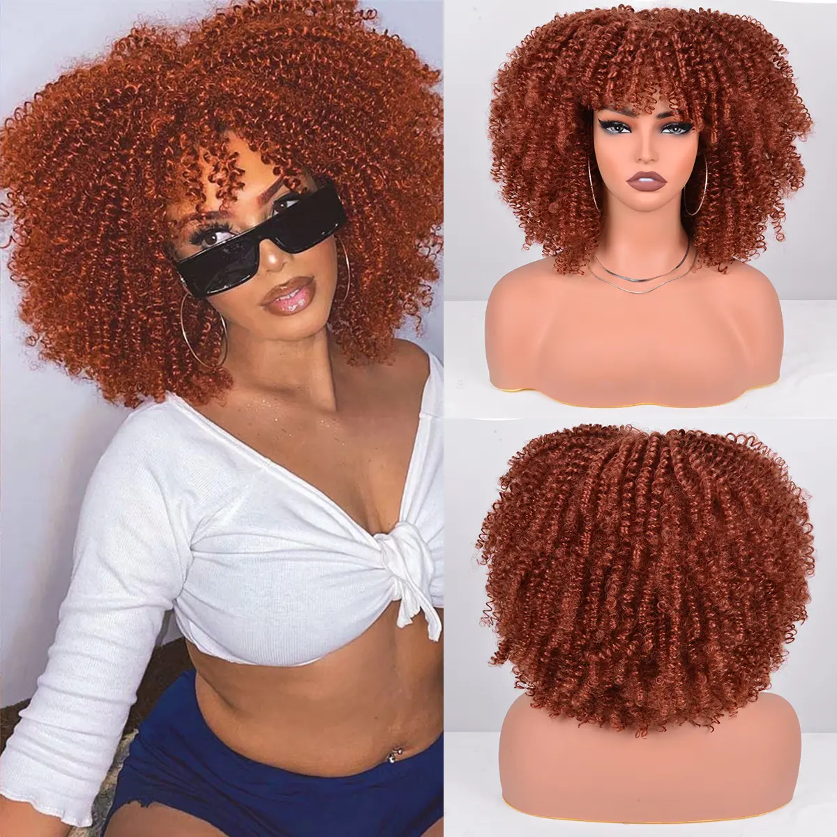 VITORISH Synthetic Wig 12 Inches Curly Afro Wig With Bangs 280g Full Machine Made Afro Kinky Curly Hair Cosplay Loose Wave Heat-Resistant Fiber for Daily Wear & Theme Parties