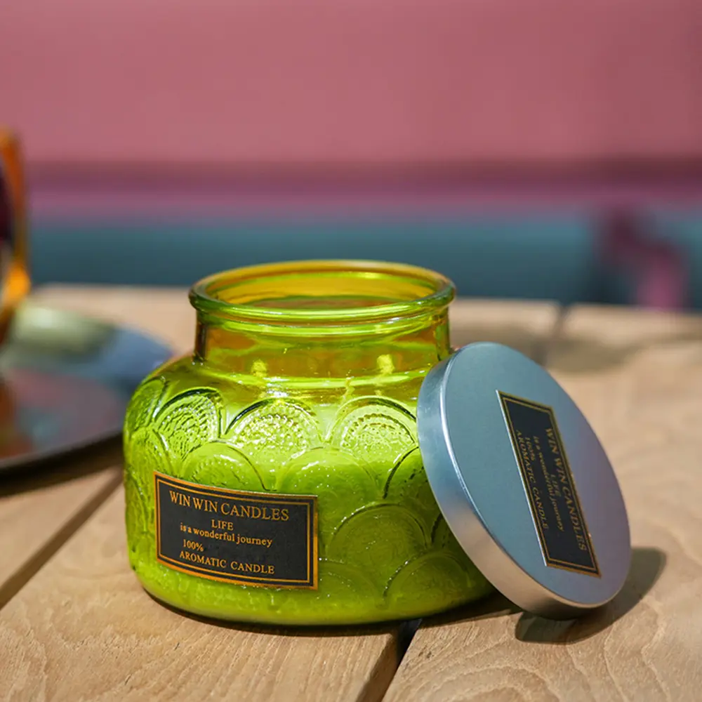 Extra Large Natural Soy Wax Aromatherapy Scented Candle - Vintage Embossed Green Geometric Glass Jar with Durable Metal Lid, 2 Fragrances (Rose & Lavender), 56 Hours Long-Lasting Casual Juneteenth Relaxation Home Decor Gift Candle