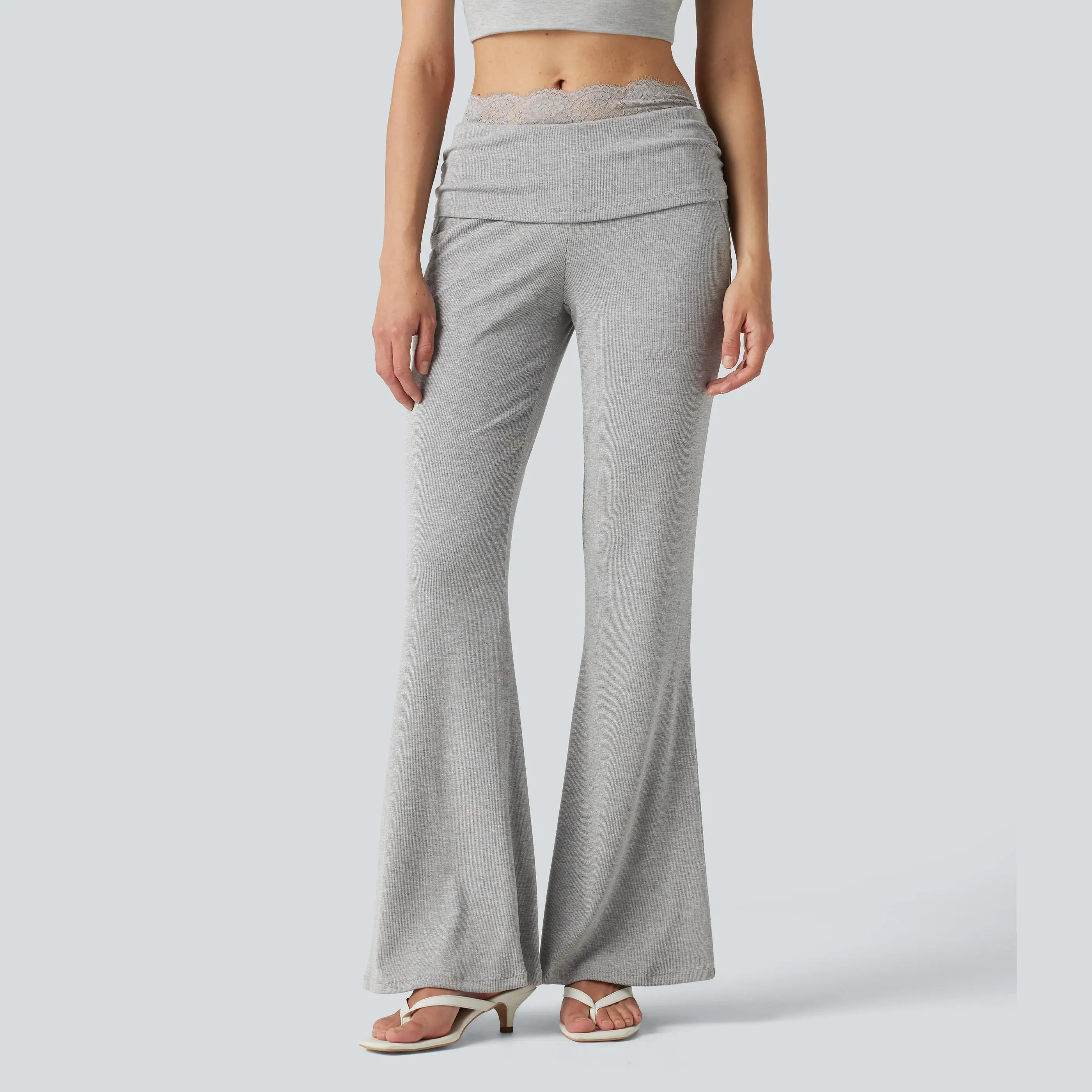 【Creator’s Pick】Halara High Stretch Ribbed Knit Lace Mid Rise Flare Casual Pants with Pockets