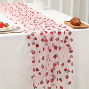 1 Piece, Pink Strawberry Mesh Tablecloth & Mesh Table Runner with Exquisite Pink Base and Red Strawberry Pattern, Perfect for Strawberry Themed Birthday, Wedding Party, Easter, Valentine's Day