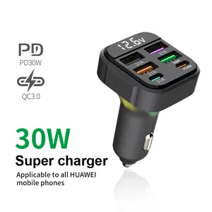 Car Charger Adapter 6 in 1 Multi Port USB C Car Charger Adapter PD 30W QC 3.0 and 5 Other Ports Super Fast Charging Cigarette Lighter Adapter Overheat Protection All Phones