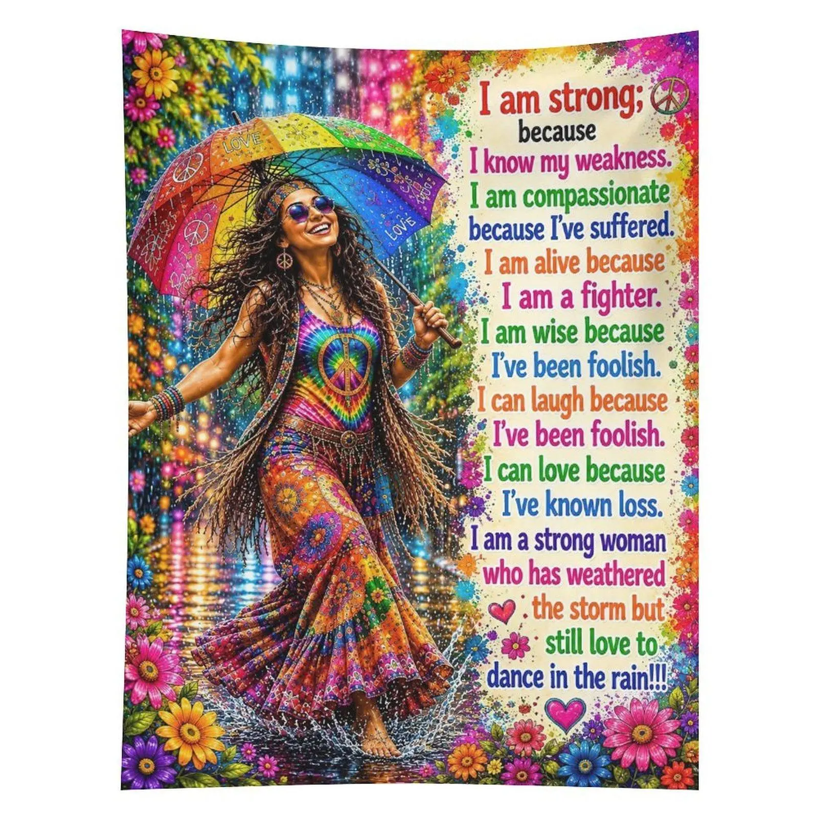 Strong Woman Dancing Rain Tapestry Hippie Rainbow Motivational Wall Decor