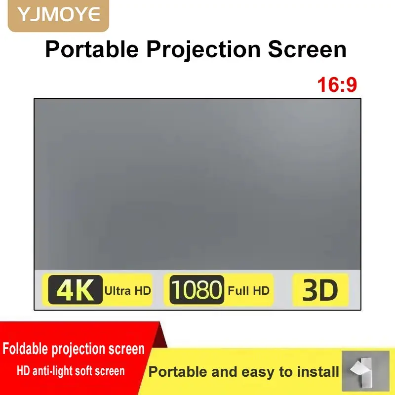 Yjmoye HD Projector Screen Movie Projection Screen 72/100/120 Inch Projection Screen Foldable Portable Easy Install No Drilling Suitable for Single LCD Home Video Projector