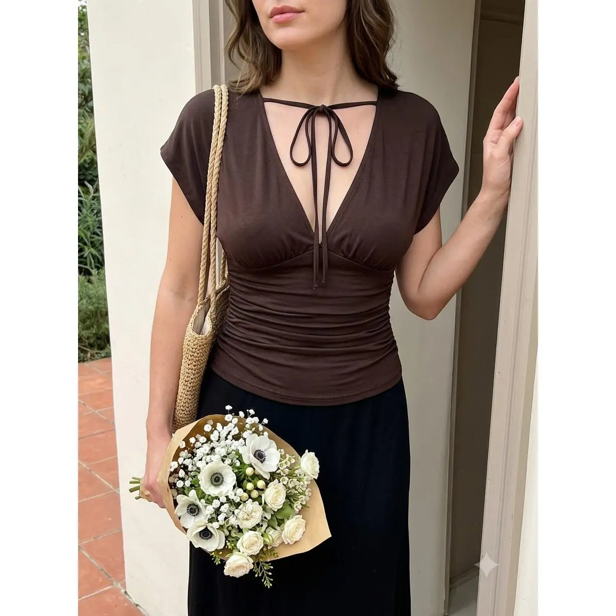 Women's Double V Neck Knit Top Ruched Cinched Waist Tie Front Short Sleeve T-Shirt Slim Fit Casual Versatile Summer Fall Going Out Outfits