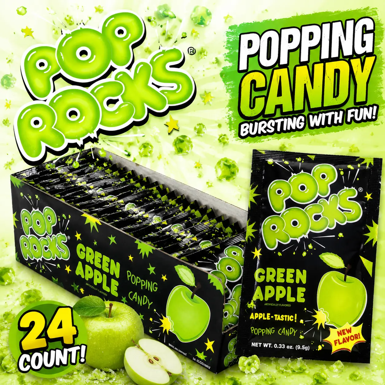 Pop Rocks Green Apple Popping Candy 24 Count  Fizzy Candy Packets | Classic Crackling Candy for Parties & Fun Snacks