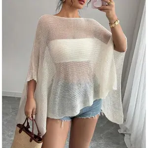 Chic Women’s Loose-Fit Knit Poncho Shawl Tops, Thin and Lightweight, Relaxed Fit, Versatile Casual Outerwear, Stylish Knitwear GARMENTARY