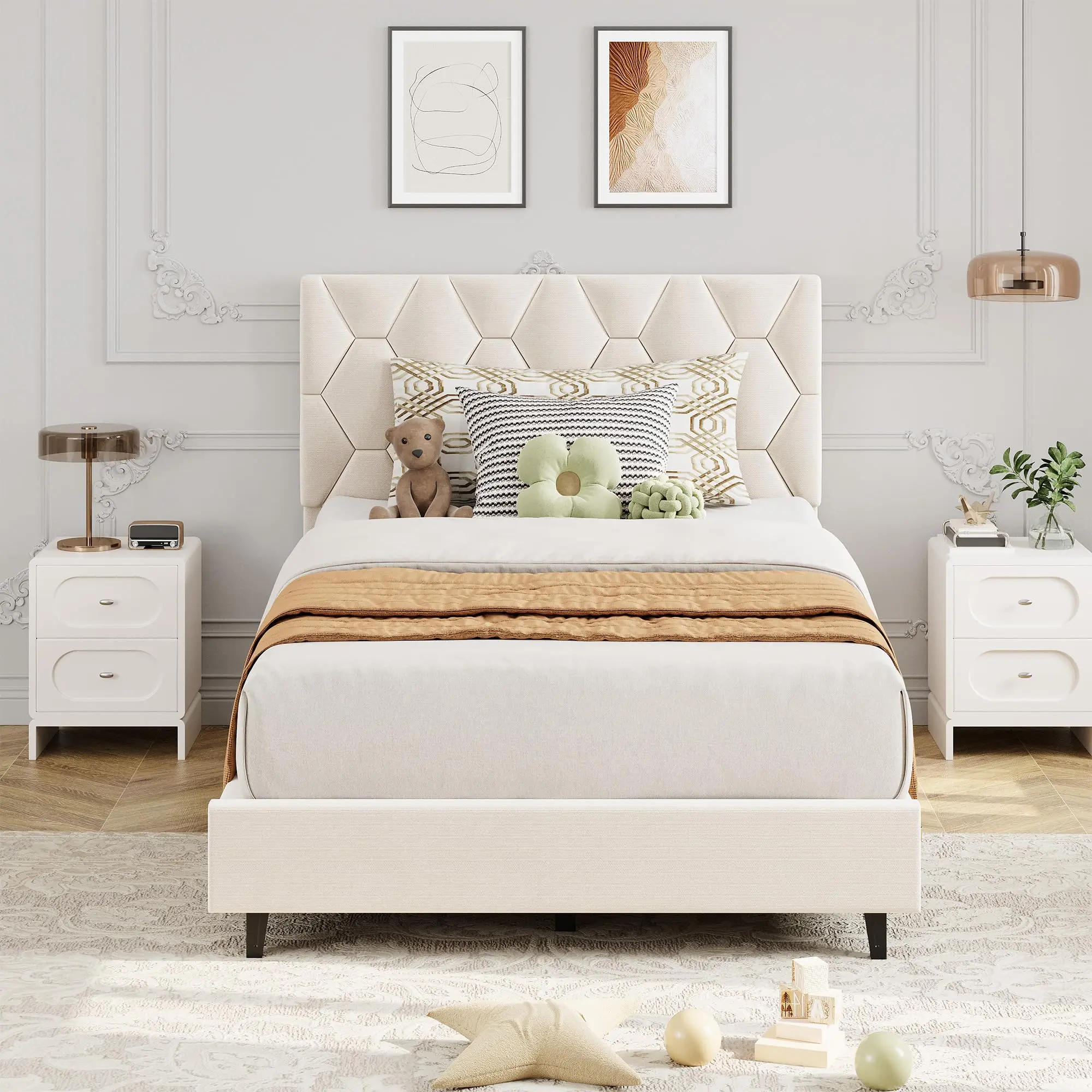Garvee - Marco de Cama de Plataforma de tamaño Individual con cabecera tapizada y Soporte de Listones de Madera, Base tapizada para colchón, no Necesita somier, fácil Montaje, Color Beige