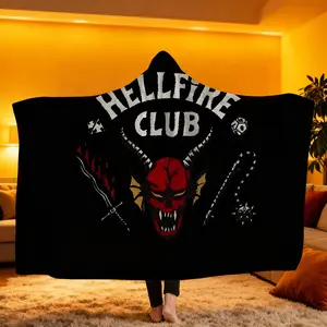 Stranger Things Hellfire Club Pattern Cozy Hooded Blanket, Digital Print Flannel Throw, Soft Warm Blanket for Sofa Home Leisure Air Conditioning Nap Camping Travel