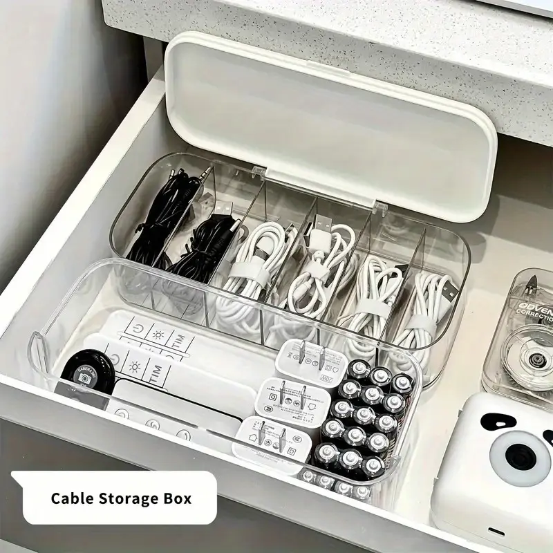 Double-layer transparent desktop cable storage box - a compact cable and charger storage solution, suitable for home offices, Desk Organizer Tidy, Desk Accessories