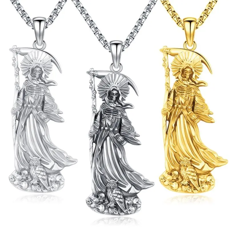 DRINSPER Santa Muerte Necklace 925 Sterling Silver Penant Necklace, Grim Reaper, Death Personified, Mythology Jewelry Necklace Gift for Men Women
