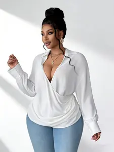 Plus Size Crossed V Neck Blouse, Loose Lantern Sleeve Design, Wrinkled Waist Slimming, Satin Texture, Commute & Date Wear