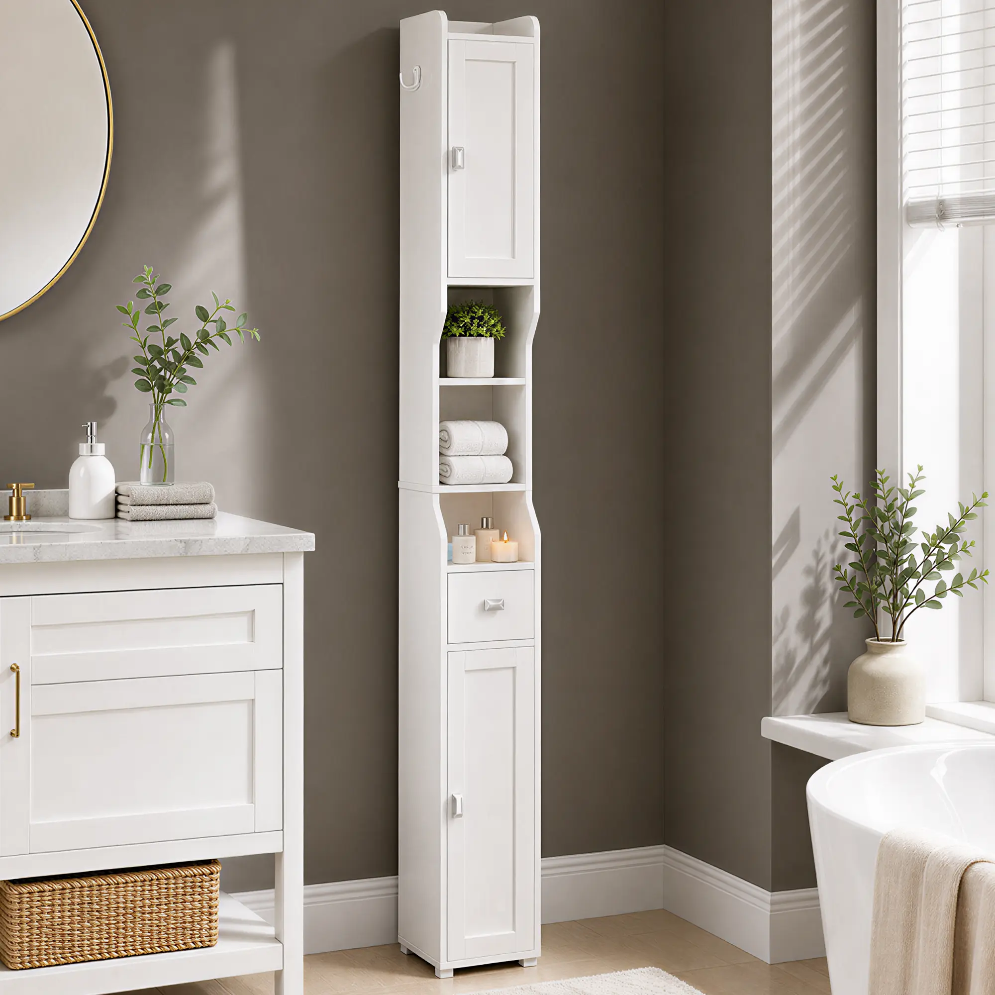 Hzuaneri Bathroom Storage Cabinet, Narrow Tall Bathroom Cabinet, Freestanding Floor Cabinets with 2 Doors and 1 Drawer, Toilets Organizer with Adjustable Shelf, 1 Hook for Small Spaces