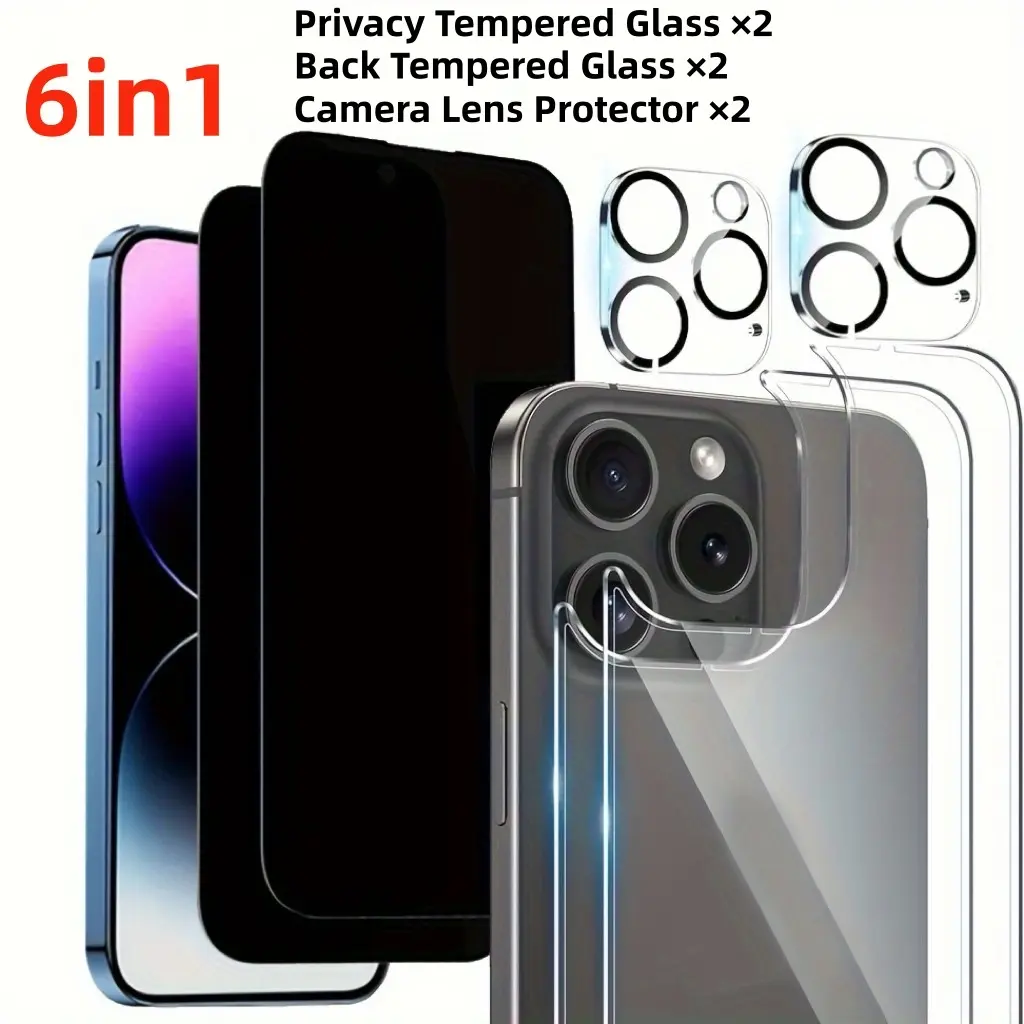 6-in-1 2pcs Privacy Screen, Back Screen & Camera Lens Protectors For iPhone 17 Air/17 Pro Max/17 Pro/17/16/15/14/13/12/11, Accessories, Smartphone, Cellphone, 9H Hardness,Scratch Resistant, Wear-resistant,Bubble-Free,Easy to Install