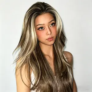 SMILCO/26Inches Brown and Blonde Highlight Futura High Quality Long Straight 13*6 Lace Front Synthetic Wigs Dairy Style/SM9123B