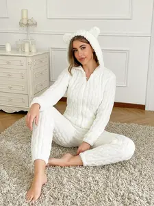 Women's Cute Teddy Bear Embroidered Hooded Plush Jumpsuit Long Sleeves, Comfortable Fashion Design, Perfect Gift for Her, Casual Fall & Winter Wear, Loungewear, Nightwear, Embroidery