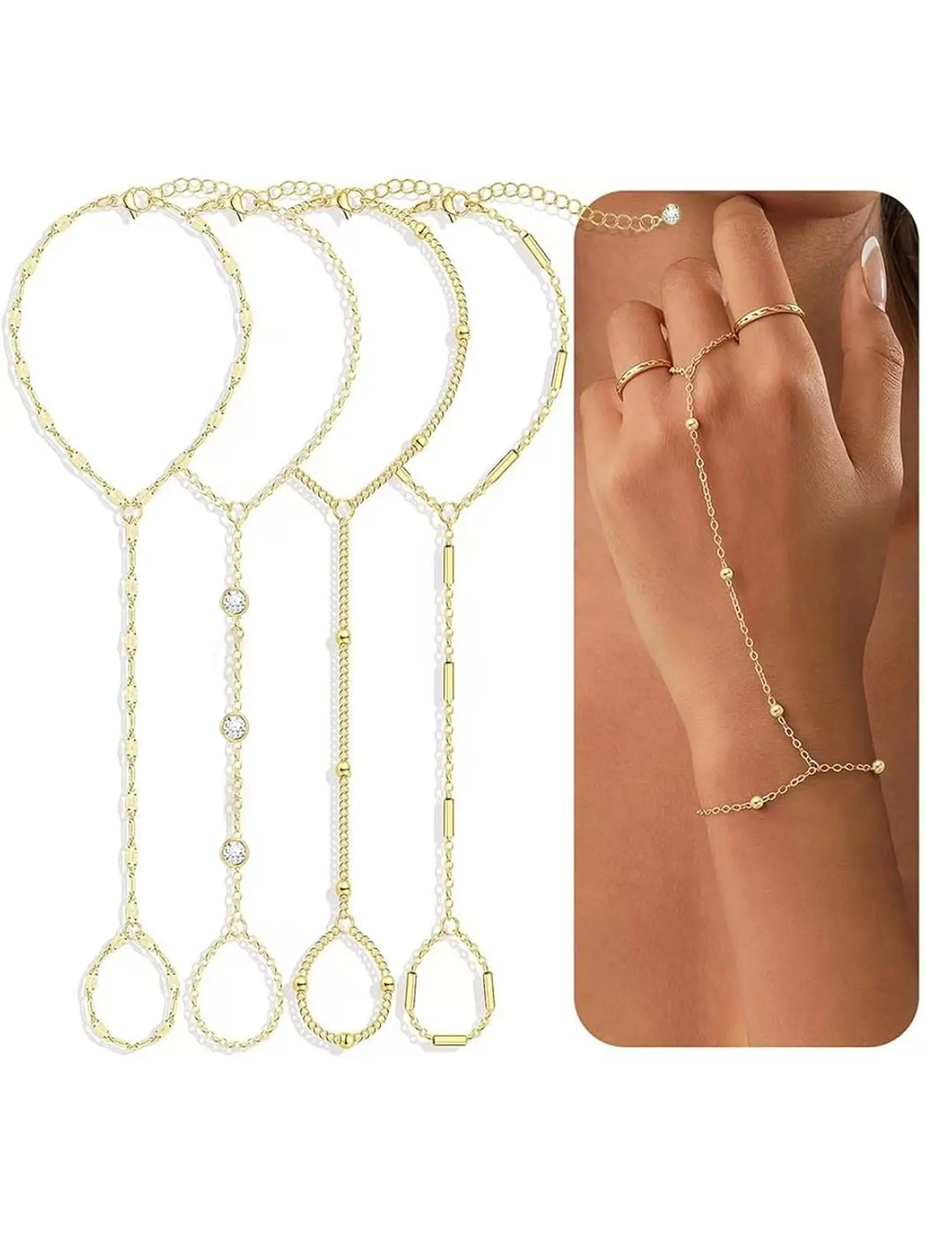 4 Pcs Gold Hand Chain Bracelets for Women, Dainty Gold Plated Ring Bracelet Hand Chain, Stackable Design Layered Bracelet Set Beaded Cubic Zirconia Bracelet Stack Jewelry Gifts, Fashionable Jewelry Accessories