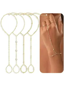 4 Pcs Gold Hand Chain Bracelets for Women, Dainty 14K Gold Plated Ring Bracelet Hand Chain, Stackable Design Beaded Cubic Zirconia Bracelet Stack Jewelry Gifts Exquisite Bracelet Handchains