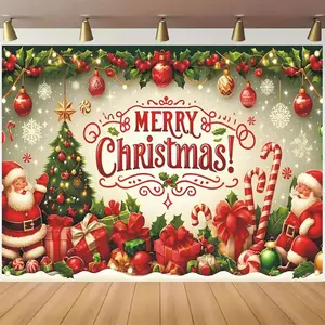 Custom Vinyl Banner - Multi-Size Christmas Backdrop (5x3ft/5x7ft) with Santa Scene, Tree, Gifts, Lights, Party Decoration Supplies for Holiday Photoshoots & Home Use