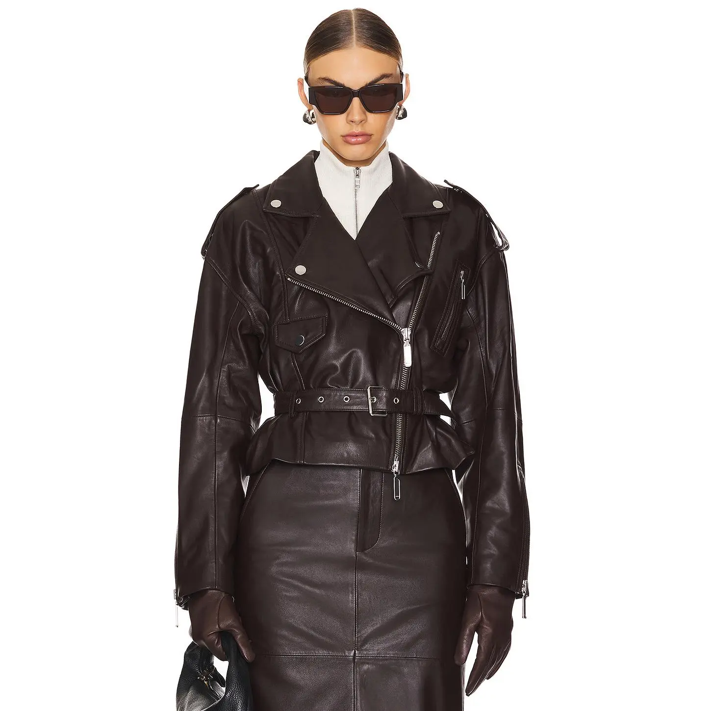 Camila Coelho Ambrosia Leather Moto Jacket in Espresso Brown
