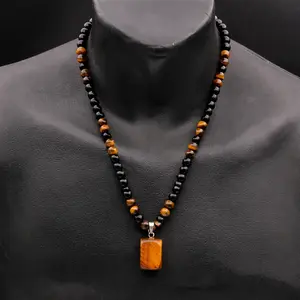 Veliora Gift B 1 Piece Fashionable Retro Natural Tiger's Eye Geometric Pendant Adjustable Beaded Necklace Men's and Women's Daily Wear Jewelry Gifts