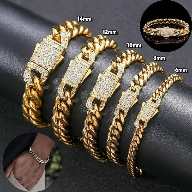 18K Gold Vacuum Plated with 5A+ Sri Lanka Zircon Stainless Steel Chain & Copper Ear Clasp Miami Cuban Link Chain Italy Mexico & Micro Inspired Unisex Hip Hop 8-14mm Bracelet for Men & Women Jewelry,Daily Wear,Casual Fashion,Gift Idea,Chicano