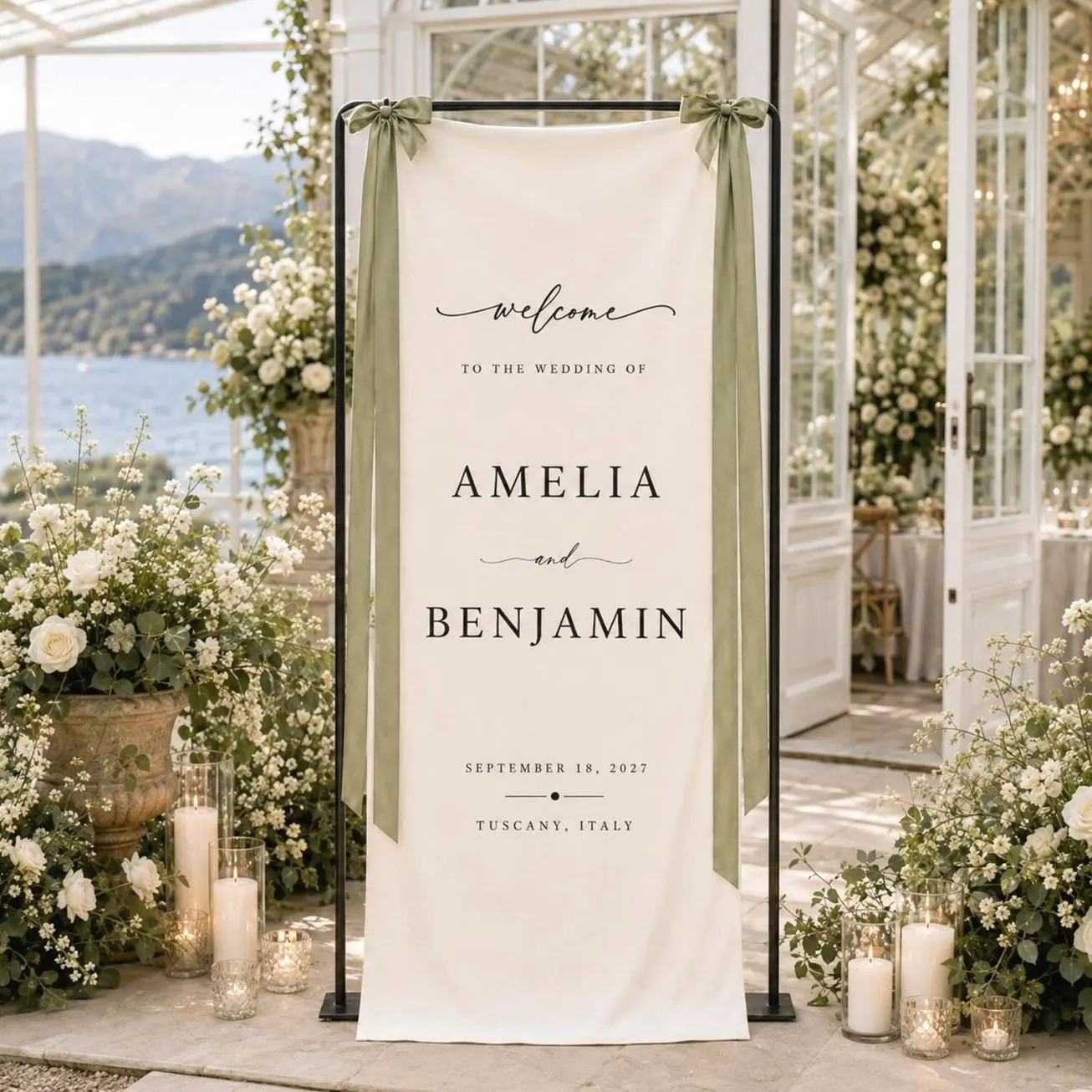 Personalized Linen Wedding Welcome Sign, Custom Fabric Wedding Banner, Name Date Ceremony Entrance Sign, Elegant Boho Wedding Decor