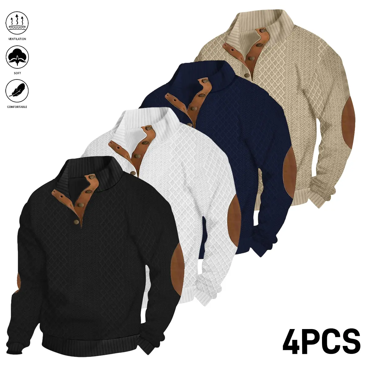 4Pcs Men's Fashion Stand Collar Shirt, Men's Sweatshirt, Jacquard Design Casual Street Sweatshirt,  Neckline Button, Minimalist Basic Long Sleeve T-Shirt, Sport Sweatshirt, Men's Casual Wear, Casual Henley Shirt