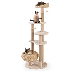 COSTWAY - 59 Inches Cat Tree with Perch and Soft Hammock for Indoor Cats-Beige