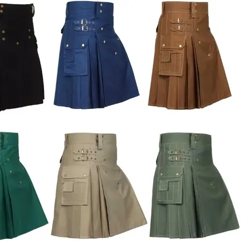 Men's Scottish Utility Kilt Cotton Cargo Pockets Skirt Highland kilt Traditional Menswear Short Casual Clothing Formal Black