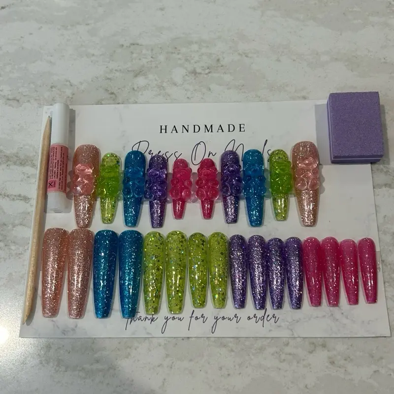 Handmade Gummy Bear Press On Nails - Colorful Glitter Design with Application Tool Included