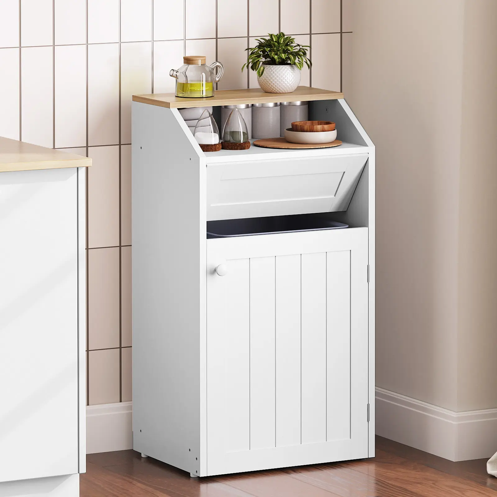 YATINEY Trash Can Cabinet, 10 Gallon Wooden Recycling Cabinet with Door, Free Standing Kitchen Trash Cabinet with Hooks, Hidden Laundry Cabinet, for Kitchen, Laundry #SummerVibes#DealsforYouDays #SummerGarden