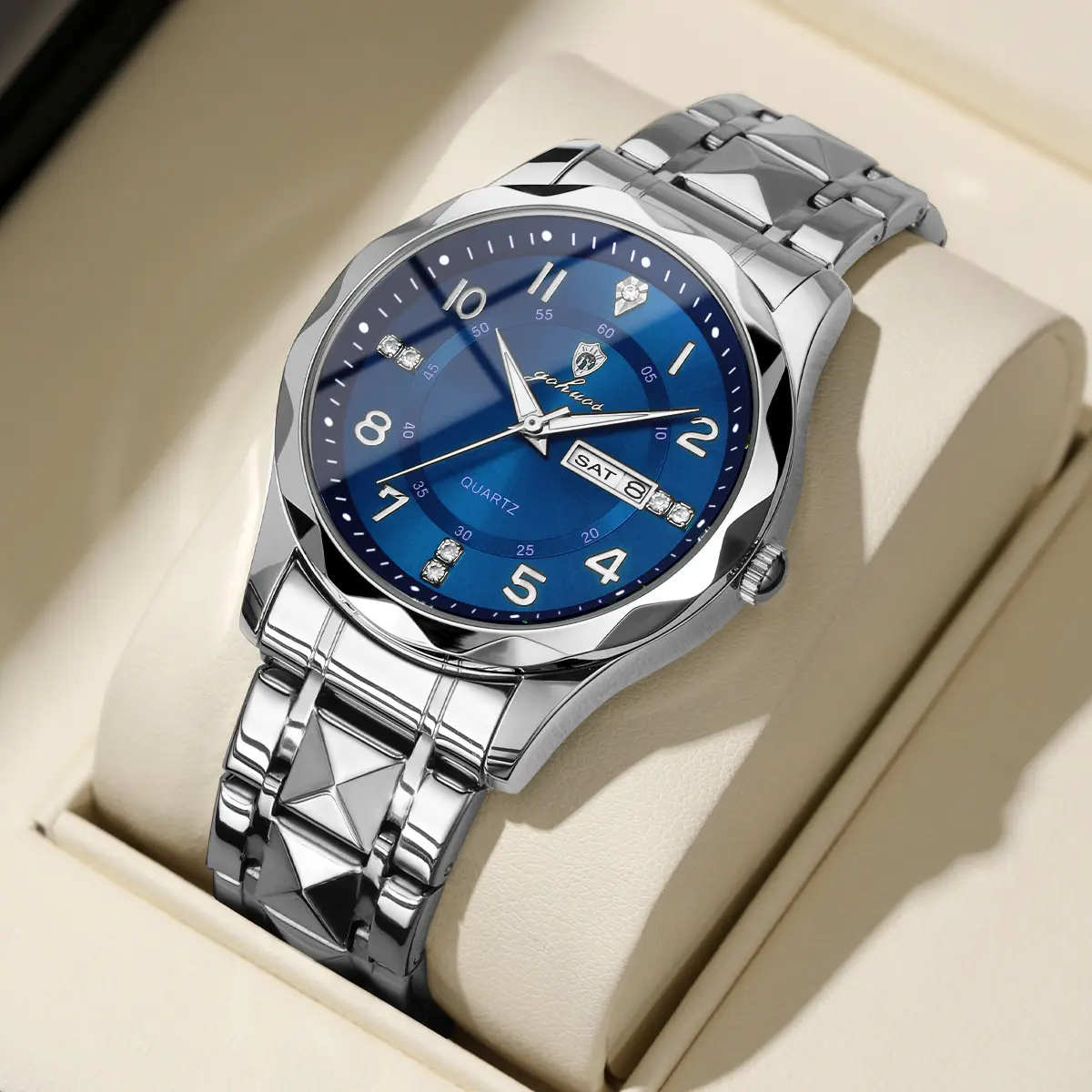 GOHUOS Men's 41mm Watch, Casual Business Blue-Gold Stainless Steel with Luminous Diamond Round Face, Analog Quartz, Double Calendar, Water Resistant for Watch Party, Includes Batteries, Diamond Dial, Easy To Use Quartz Watches