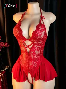 Women's Sexy Deep V Neck Strapless Bodysuit, Lace Bodysuits, Shaper Bodysuits, Lace Floral Patchwork One-Piece, Transparent Shapewear for Naughty Sleepwear & Bikini Set, Lingerie