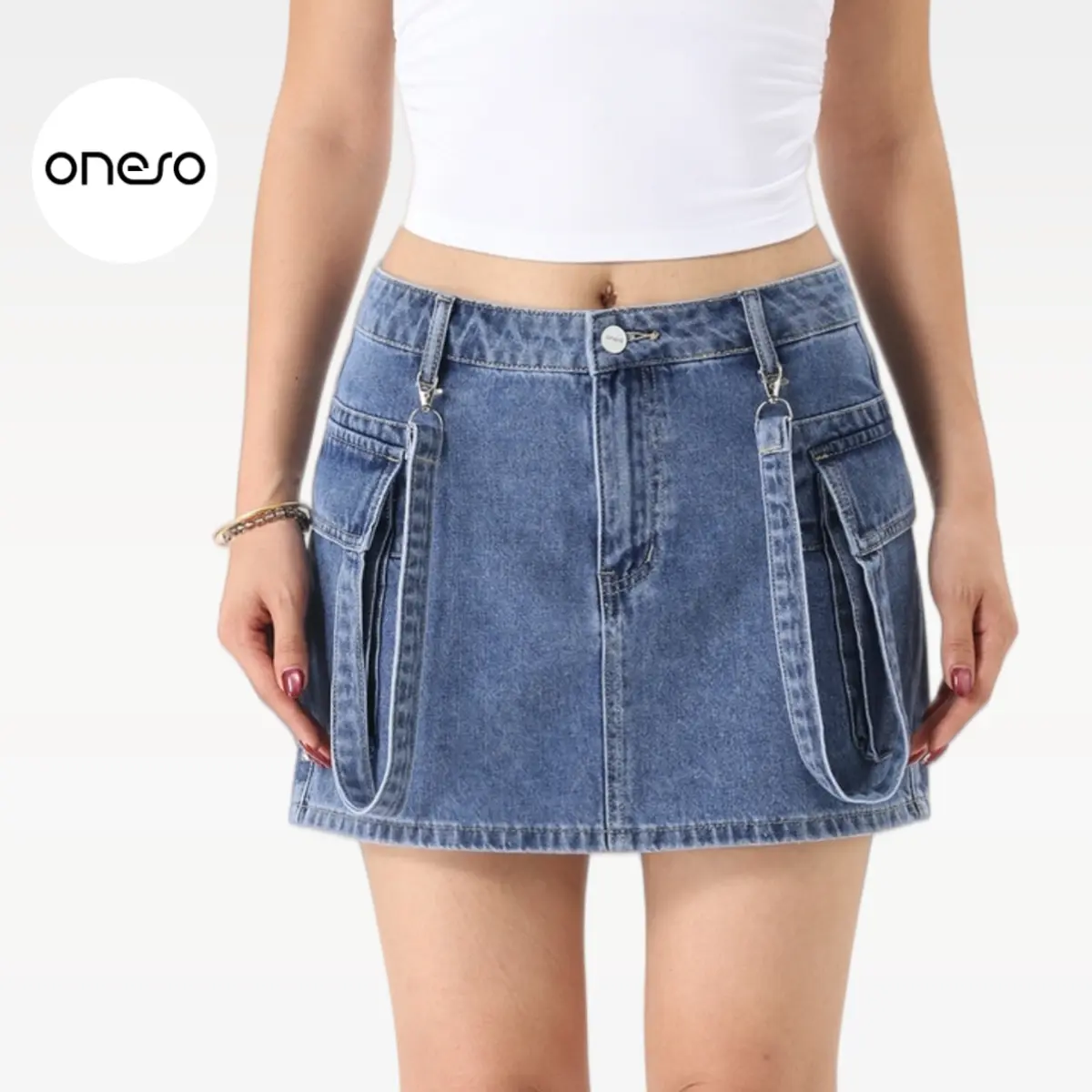 Harper ONESO Denim Mini Skirt for Women with Utility Pockets and Strap Detail Y2K Streetwear Style Summer Outfit