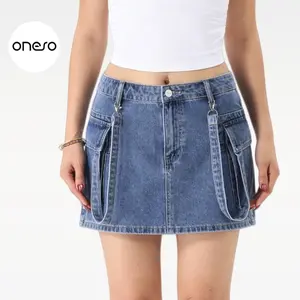 Harper ONESO Denim Mini Skirt for Women with Utility Pockets and Strap Detail Y2K Streetwear Style Summer Outfit