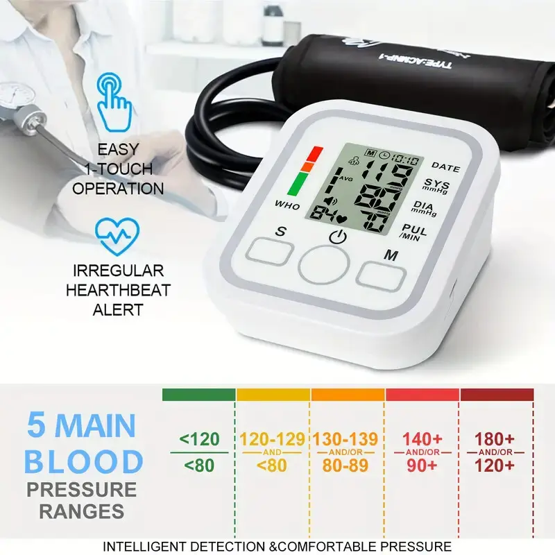 Portable Digital LCD Adult Arm Blood Pressure Monitor - Backlit Screen, Compact Design, Simple Operation, Adjustable Cuff, 60-Second Quick Readings, Voice Broadcast, Hypertension Alert, 2×99 Memory Sets, Ideal for Home & Travel Healthcare Kit