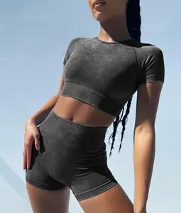 Seamless Acid Wash Shorts and Crop Top Matching Gym Athletic Clothing black set